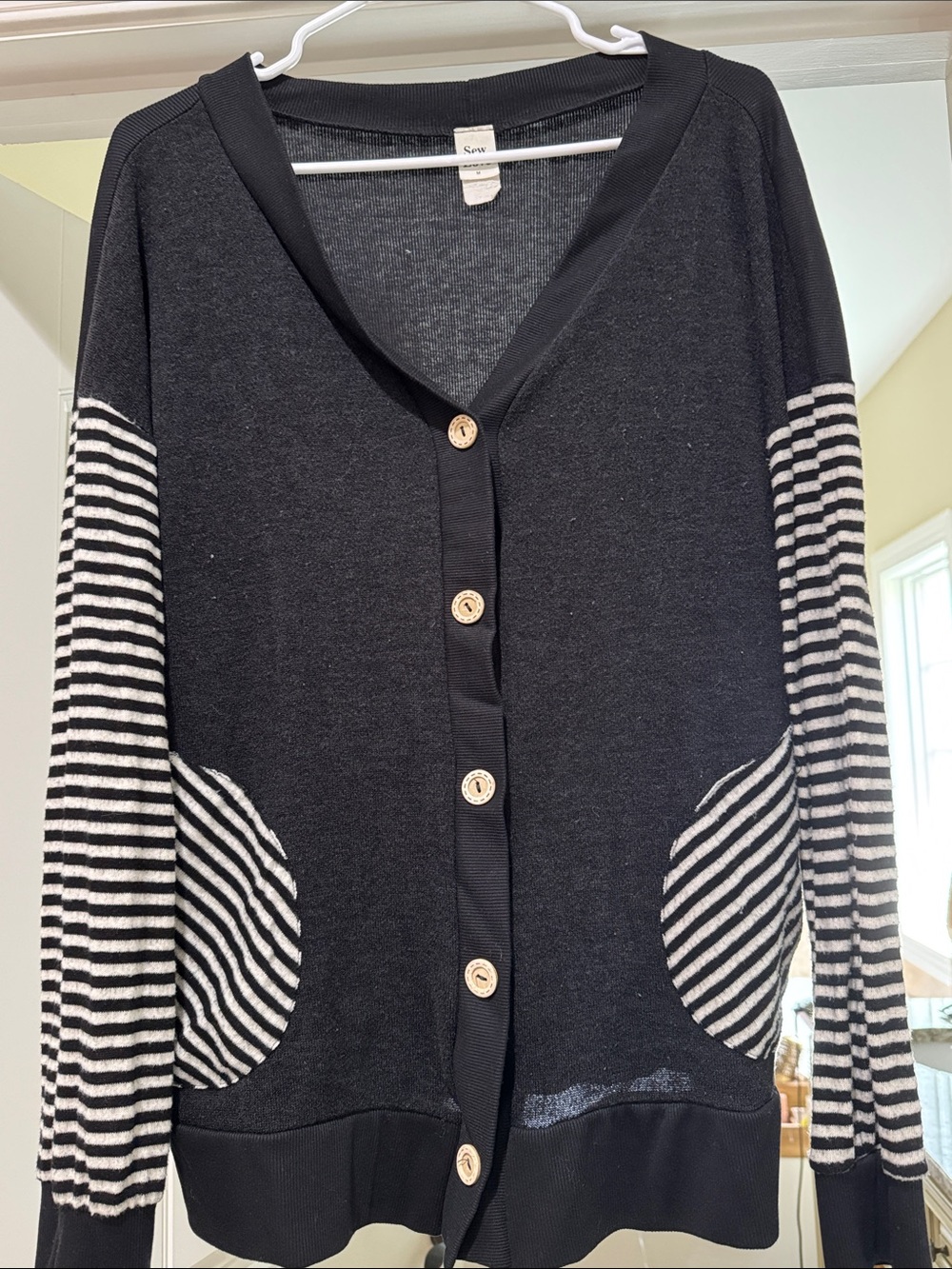 Sew In Love Black Cardigan with Black and White Striped Sleeves